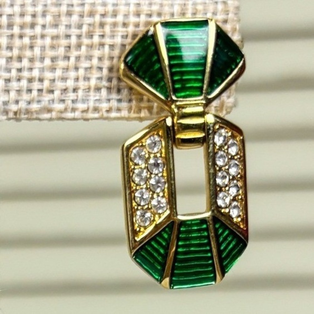 Luxe 1980s Swarovski S.A.L. Green Enamel Crystal Gold Door Knocker Earrings VTG - Picture 4 of 5